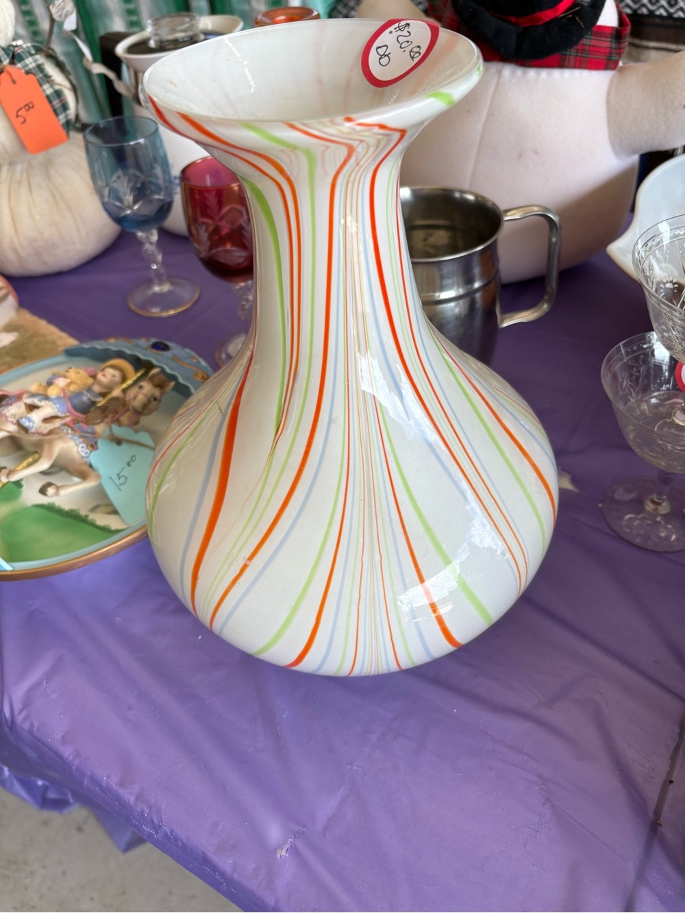 Source Unknown White Glass Vase with Orange, Green and Blue Swirls